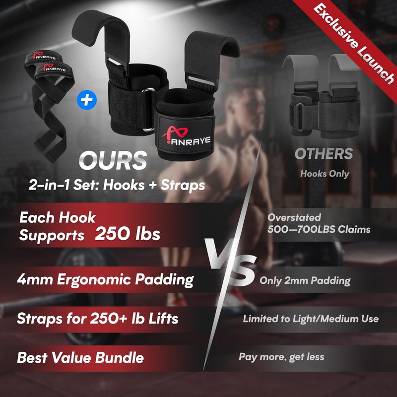 Weight Lifting Hooks & Wrist Straps Set – Lifting Hooks with Anti-Slip Grip, Adjustable Wrist Wraps for Weightlifting, Deadlifts, Powerlifting, Gym Straps for Men and Women