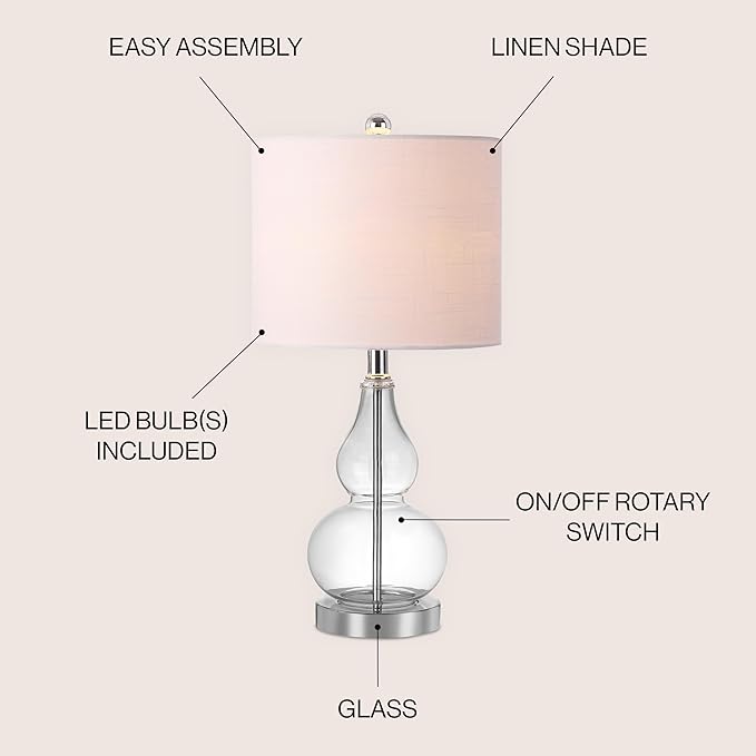 JONATHAN Y 20.5" Clear Glass Table Lamp, Modern Gourd Bedside Nightstand Lamp for Bedroom, Living Room, White Linen Shade, LED Bulb Included (JYL1028E)