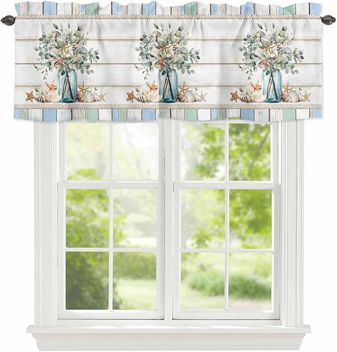 Kitchen Valances for Window, Ocean Starfish Conch Shell Eucalyptus Light