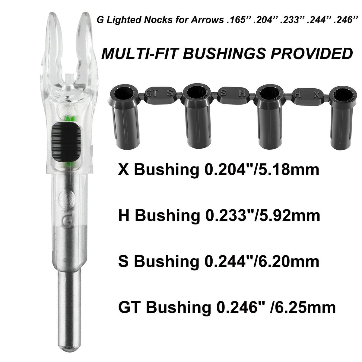 KEAUP 6/12 Pack G Lighted Nocks for Arrows with .165 .204 .233 .244 .246 Inside Diameter with X, H, S, GT Bushings High-Visibility LED Arrow Nocks, ON/Off Switch Included