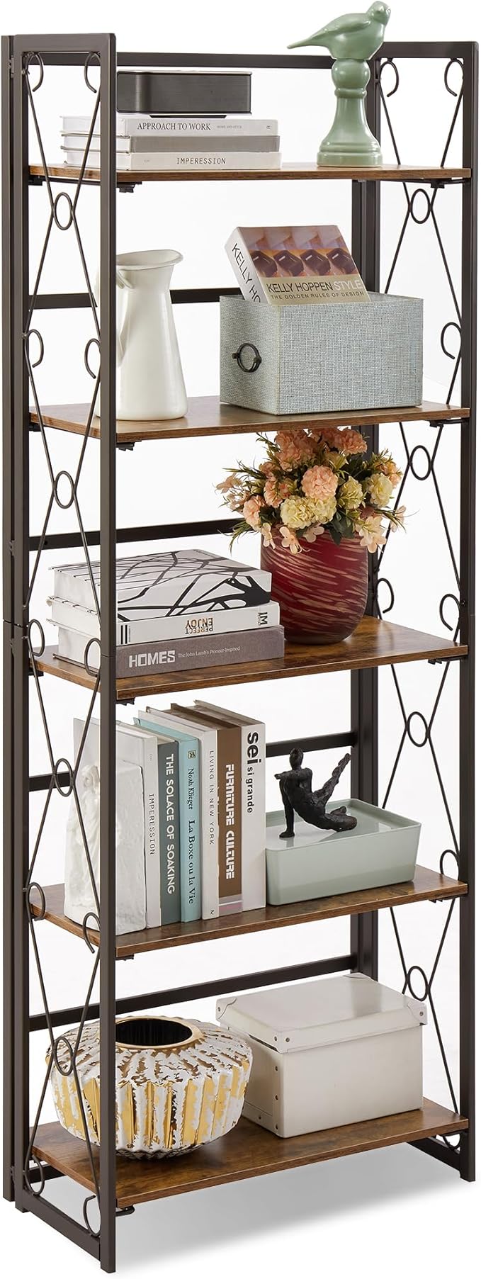 VECELO Folding Bookshelf, 5-Tier Bookcase Easy Assembly, Industrial Tall Book Shelf Storage Organizer for Living Room/Home Office,Antique Brown,1 Set
