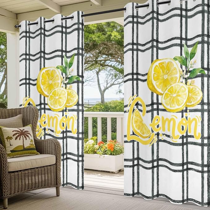 Lemon Outdoor Curtains for Patio Lemon Leaves Summer Plaid Buffalo Waterproof