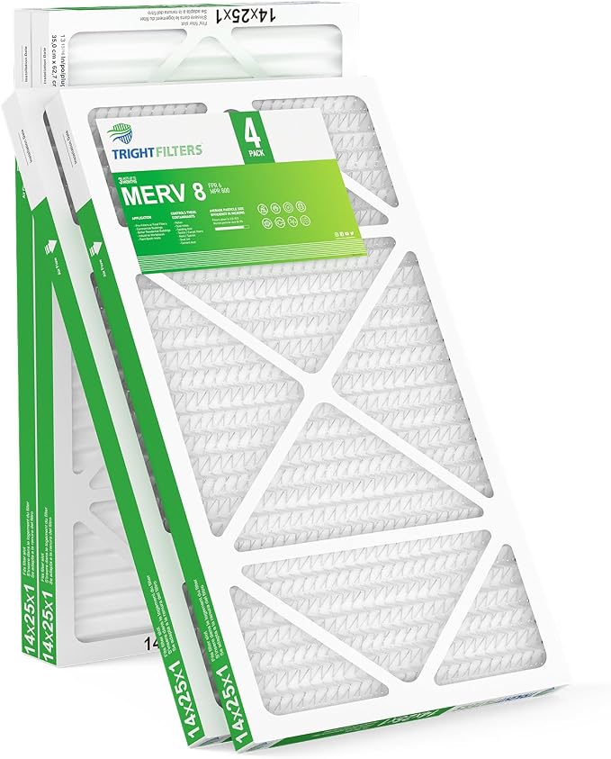 14x25x1 Air Filter 4 Pack, Durable MERV 8 Pleated Home HVAC AC Furnace Filters