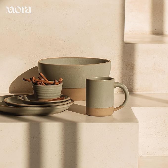 MORA Mega and Giant Bowls Set of 2, 5.5 and 3.5 Qt Ceramic Pottery Mixing Bowls - Microwave and Dishwasher Safe - Terracotta & Peppercorn