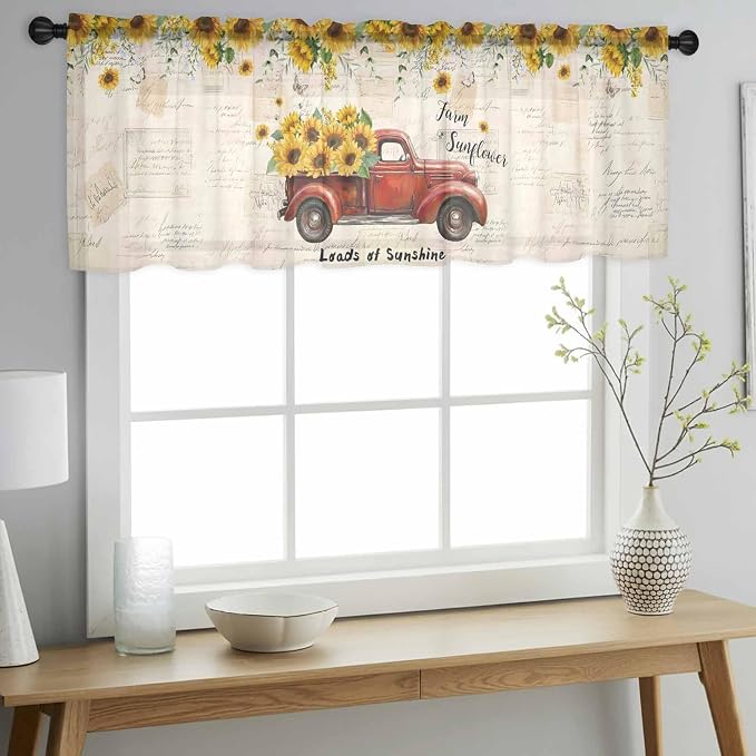 Farmhouses Sunflowers Sheer Valance Curtains, Retro Floral Leaves Red Truck