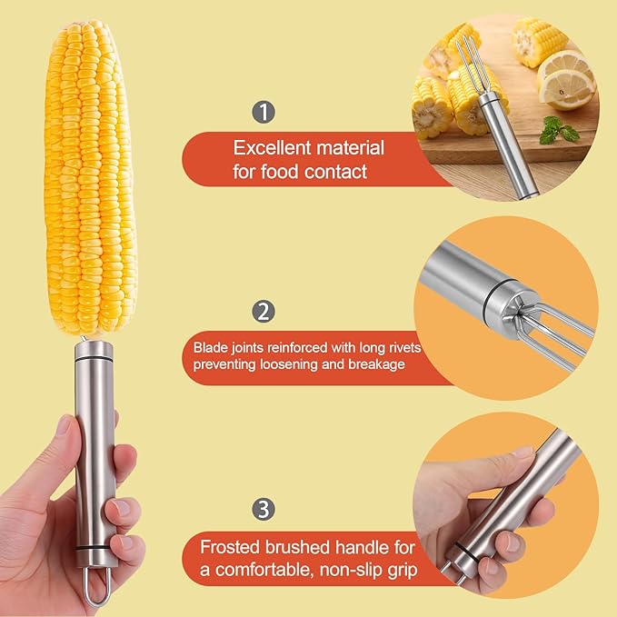 Corn Cob Stripper Tool Set, Newly Upgraded Sawtooth Long Handle Stainless Steel Corn on the Cob Stripper Tool and Corn Holder, Corn Peeler for Corn on the Cob, Silver, 2 Pcs