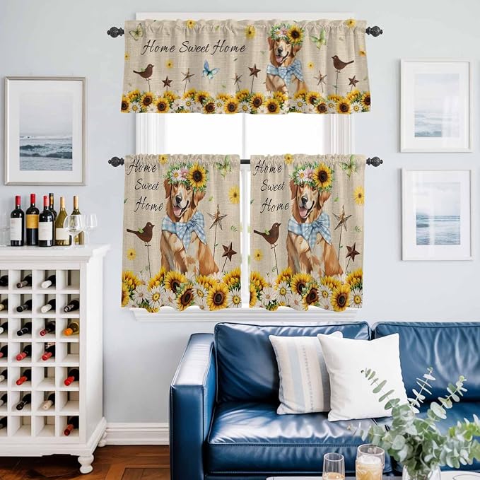 Kitchen Curtains Tiers and Valance Set of 3, Sunflowers Dog Light Filtering