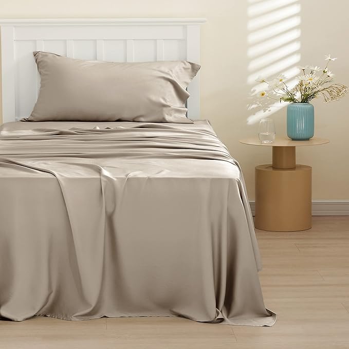 Bedsure Cooling Sheets Twin, Rayon Derived from Bamboo, Breathable & Soft Twin Sheets Set, Deep Pocket Up to 16 Inches, Hotel Luxury Silky Bedding for Hot Sleepers, Simply Taupe