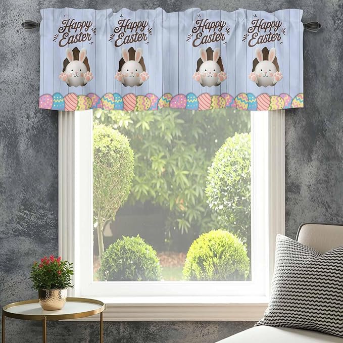 Blue Easter Curtain Valances for Windows, Kitchen Valance Window Treatment