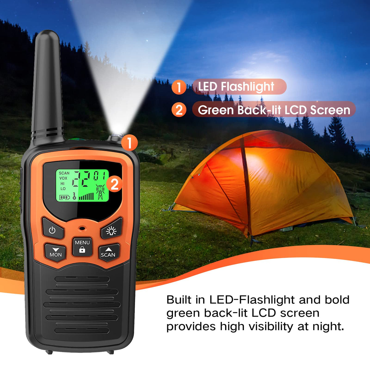 Walkie Talkies with 22 FRS Channels MOICO Walkie Talkies for Adults with LED Flashlight VOX Scan LCD Display, Long Range Family Radios for Hiking Camping Trip (Orange, 4 Pack)
