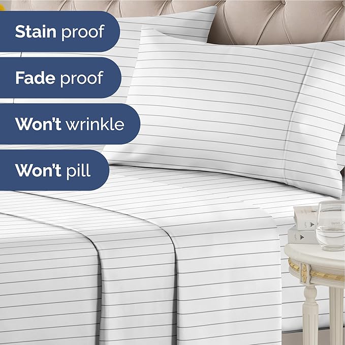 Striped Sheets - Grey Striped Sheets - 1 Flat & 1 Fitted & 2 Pillowcases w/ Deep Pockets – Comfy, Wrinkle & Fade Free - Ultra-Soft, Breathable & Cooling – Luxury Pinstripe Bedding - King Size Bed Set