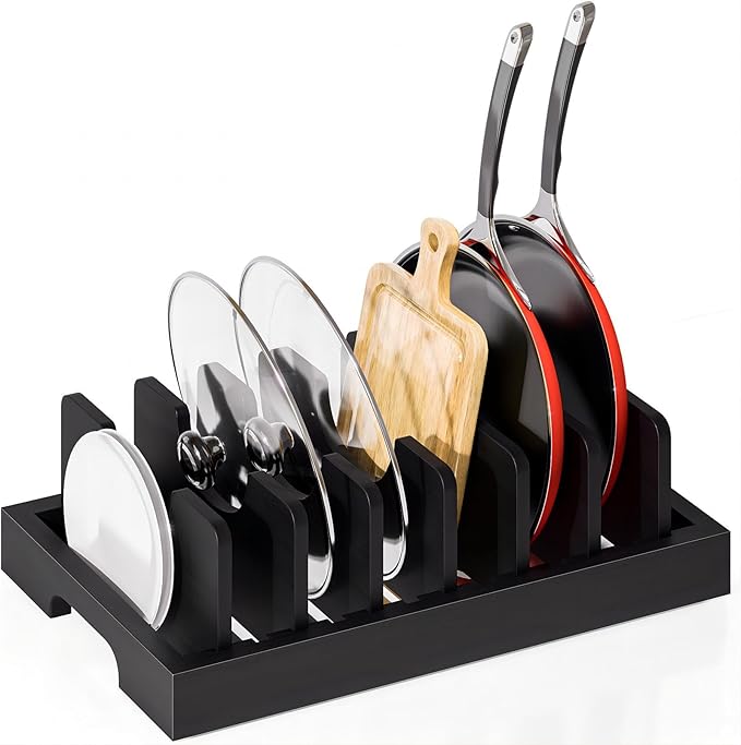 Kiasthome Bamboo Pot and Pan Organizer, Pot Lid Organizer Holder Rack for Countertop Drawer, Kitchen Cabinet Organizer with 7 Adjustable Dividers for Pots, Pans, Baking Sheets, Cutting Boards, Black