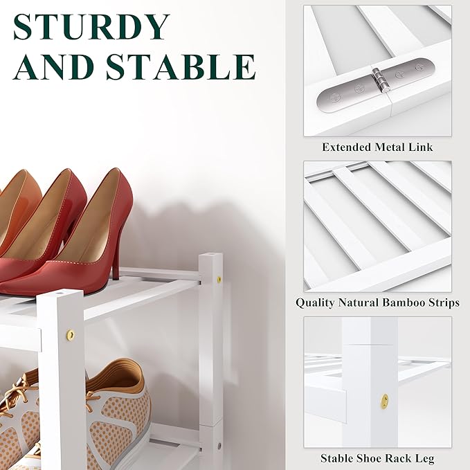 Smiry Bamboo Shoe Rack for Closet, 4 Tier Long Wooden Stackable Shoe Organizer, Free Standing Shoes Storage Shelf for Entryway, Front Door Entrance, White