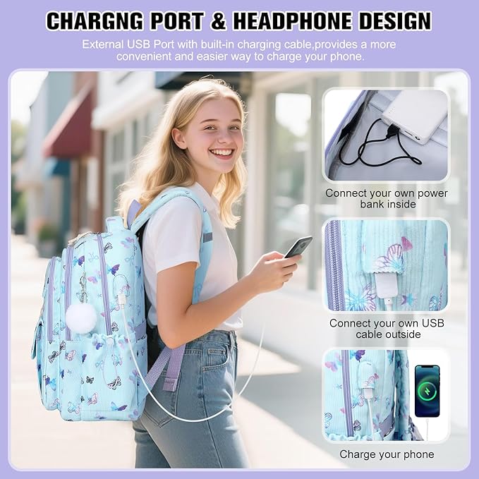 Bevalsa Backpack for Gilrs, 3PCS Corduroy Kids Backpack Set with Lunch Box & Pencil Pouch, Bookbag Daypack Laptop Bag for Women Teens Elementary Middle High School