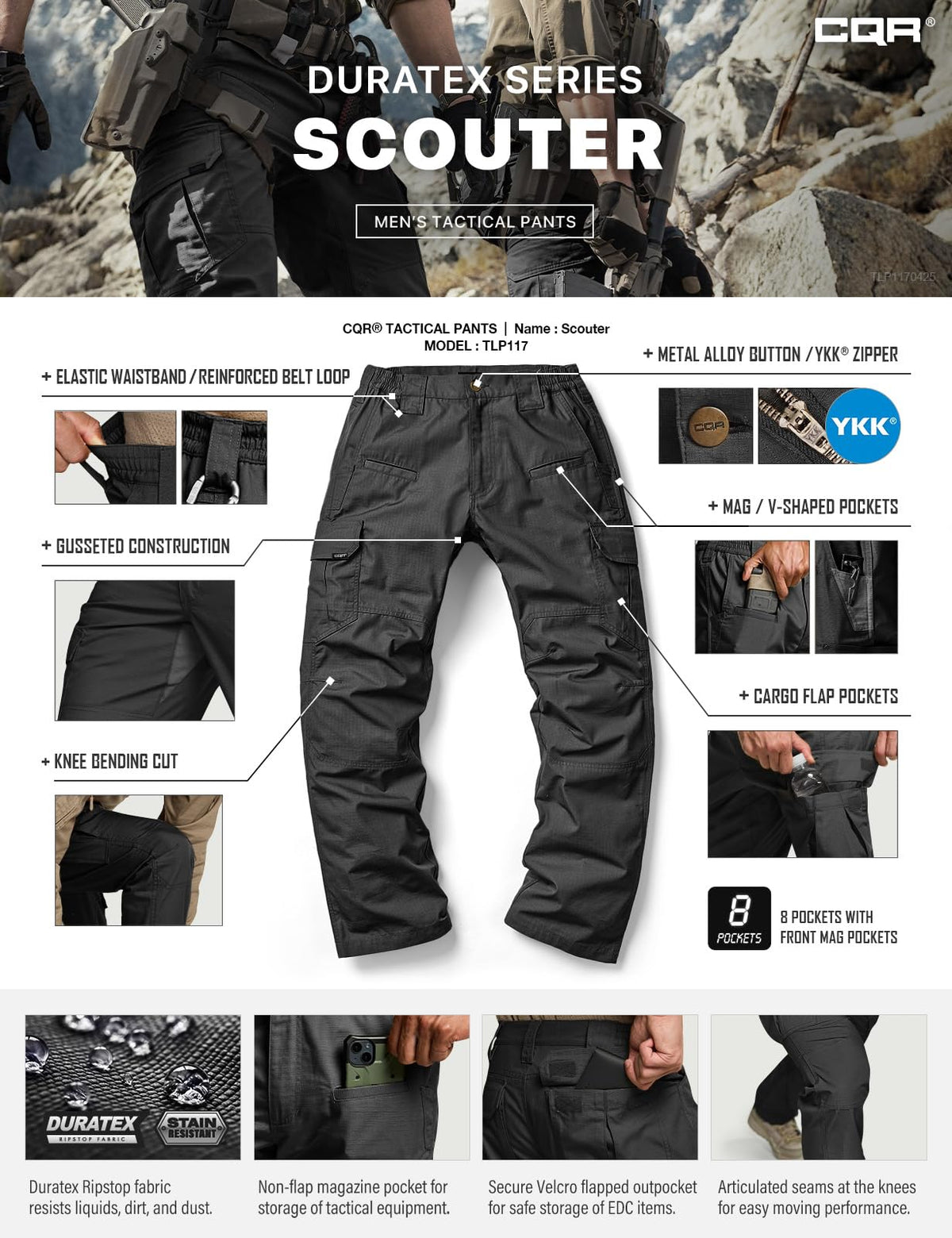 CQR Men's Tactical Pants, Water Resistant Ripstop Cargo Pants, Lightweight EDC Work Hiking Pants, Outdoor Apparel, Raider Black, 36W x 34L