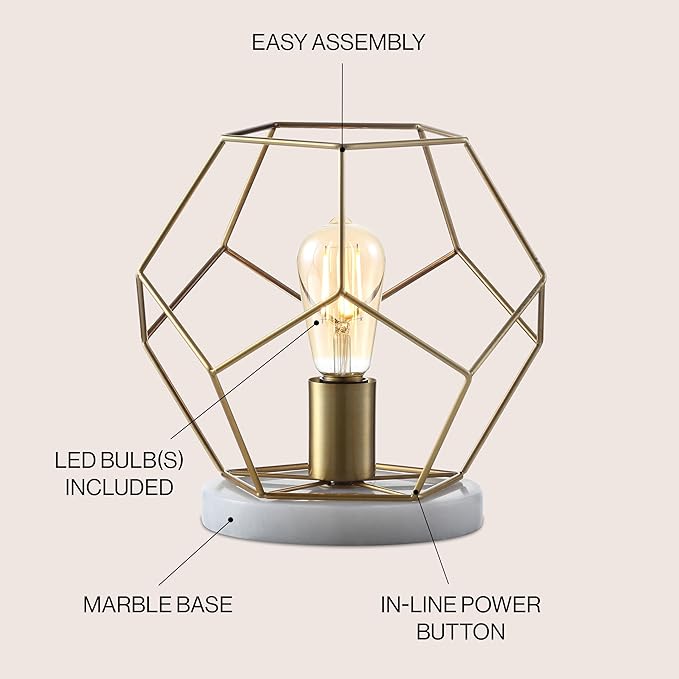 JONATHAN Y 10" Brass Gold Geometric Table Lamp, Midcentury Modern Metal Desk Lamp for Living Room Bedroom, White Marble Base, Glam Bedside Nightstand Light with LED Bulb JYL1047A