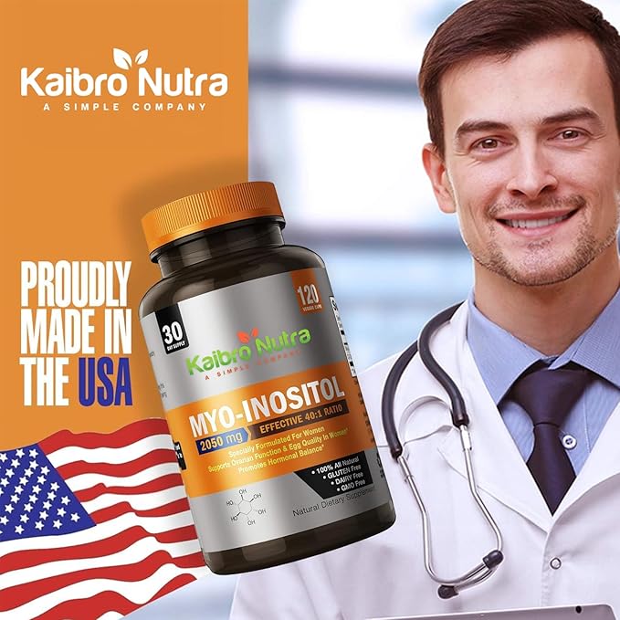 Kaibro Nutra Myo-Inositol Supplement, Myo-Inositol & D-Chiro Inositol 40:1 Ratio, Hormone Balance & Ovarian Support for Women with Vitamin B8, 2050mg, Vegan, Non-GMO Capsules 120 Count