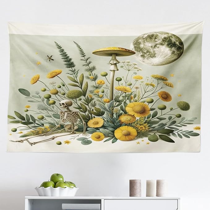 Ambesonne Trippy Tapestry, Bohemian Botany Feel Leafy Jungle Flowers with Skeleton and Moon Ornate, Fabric Wall Hanging Decor for Bedroom Living Room Dorm, 45" X 30", Pale Green Earth Yellow