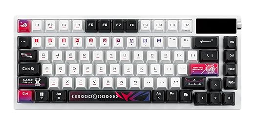 ROG Azoth X 75% custom gaming keyboard, hot-swappable Storm V2 Switches, gasket mount, dampening foam, FR4 plate, south-facing PCB, tri-mode connection, OLED display, control knob, wrist rest, Mac
