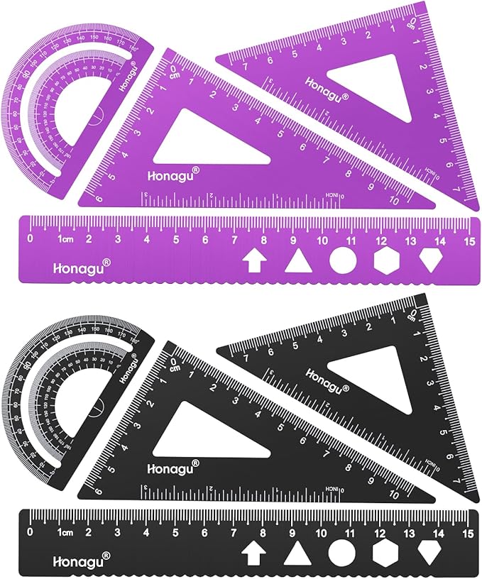Honagu Triangular Ruler Set, 2 Sets/8 Pieces Aluminum Alloy Ruler, Metal Drafting Ruler, Geometric Protractor for Students, Draftsmen, Engineers, Home School Office Supplies(15cm/5.9inches, Red+Black)