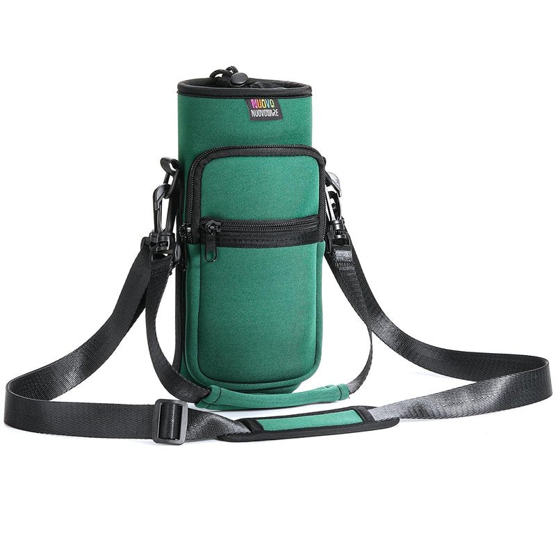 Nuovoware Water Bottle Carrier Bag, 40oz Bottle Pouch Holder, Adjustable Shoulder Hand Strap 2 Pocket Sling Neoprene Sleeve Sports Accessories for Hiking Travelling, Dark Green
