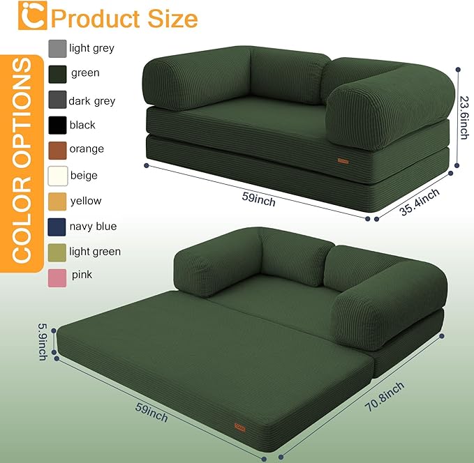 COMAX 4‑in‑1 Futon Sofa Bed Queen – Floor Foldable Convertible Sofa Couch with L‑Shaped Armrests, Removable Cover, Green Convertible Guest Bed | Space‑Saving Fold‑Out Mattress Lounge for Living Room