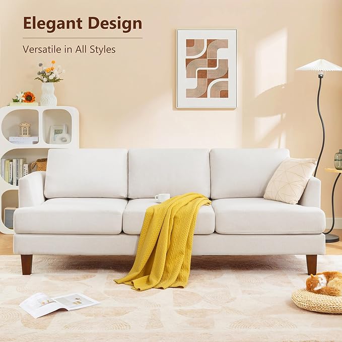 3 Seater Sofa Couch with Deep Seats, 89" Mid Century Modern Upholstered Sofa with Armrests, Comfy Couches for Living Room, Bedroom and Office, Linen Fabric Apartment Couch (Linen Beige)