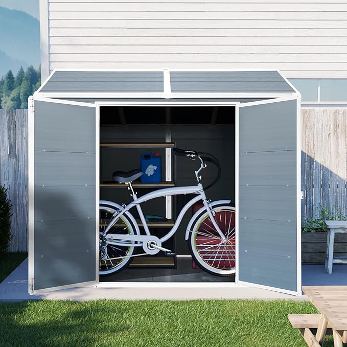 8x6 FT Outdoor Storage Resin Shed with Floor, Plastic Garden Tool Shed with Sloped Roof, Lockable Door & Windows, Easy to Assemble Bike Shed for Lawn, Backyard, Patio, Grey