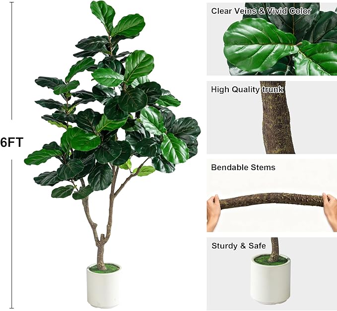 Artificial Fiddle Leaf Fig Tree 6ft with White Planter Realistic Fiddle Leaf Lyrata Plant Tall Fake Tree with Natural-Looking Leaves Fake Tree for Indoor Outdoor Home Office Decor