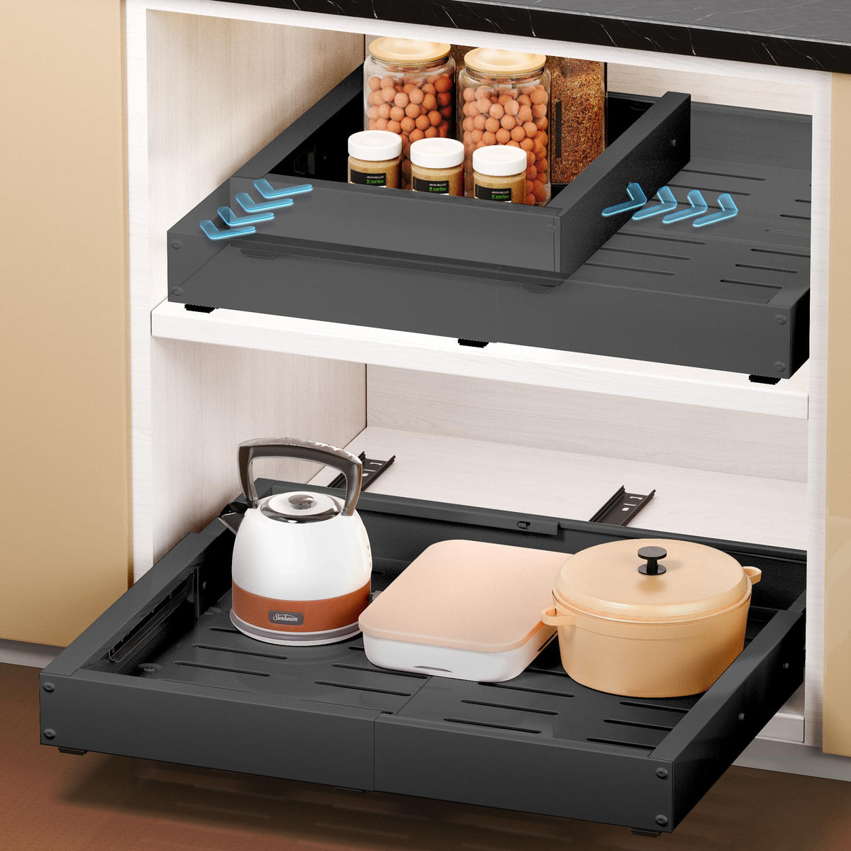 Makfoner 1 Pcs Pull Out Cabinet Organizers, Width (12"-19") and Depth (17"-23") Expandable With 3 Slides, No Drill Slide out Drawers Adhesive Film or Nail Cabinets Without Lip in Kitchen, Bathroom