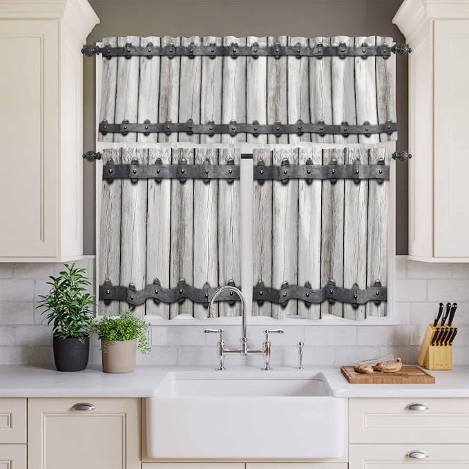 Farmhouse Rustic Kitchen Curtain Set, Vintage Country Wooden Grain Window