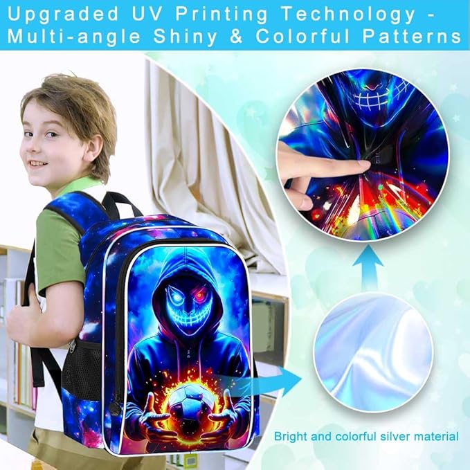 KLFVB 3PCS Boys Bookbag, 17" Kids Football Backpack and Lunch Box, Water Resistant School Backpack for Teenagers Middle Elementary - Demon Soccer