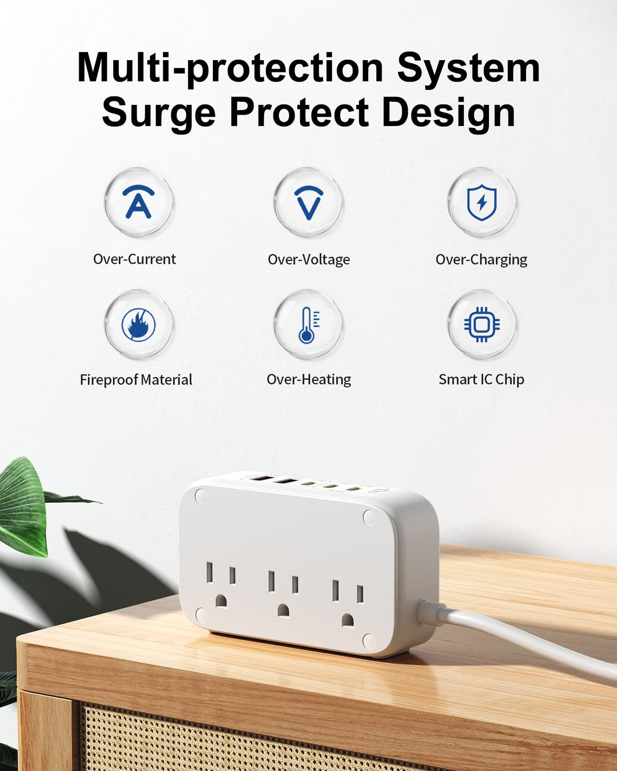 Portable USB Power Strip with 65W PD Fast Charging, 7-in-1 Flat Plug 3 USB-C 2 USB-A Ports 2500W AC Outlets, 175W Total Extension Cord for Home/Office/College/Travel (White)