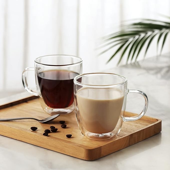 CNGLASS Double Wall Glass Coffee Mugs 12 oz,Insulated Glass Coffee Cups with Handle,Clear Espresso Mugs for Cappuccino,Latte,Tea Bags,Hot and Cold Beverages,Set of 2