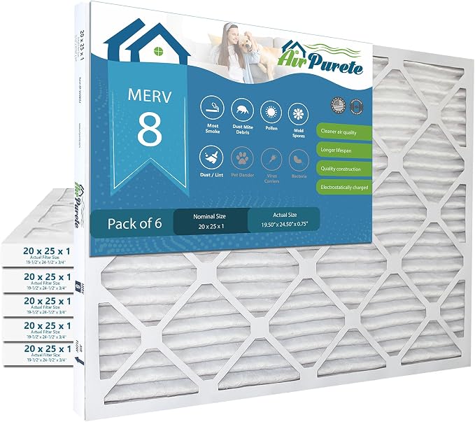 AirPurete 20x25x1 HVAC Furnace Air Filters | Actual Size: 19-1/2" x 24-1/2" x