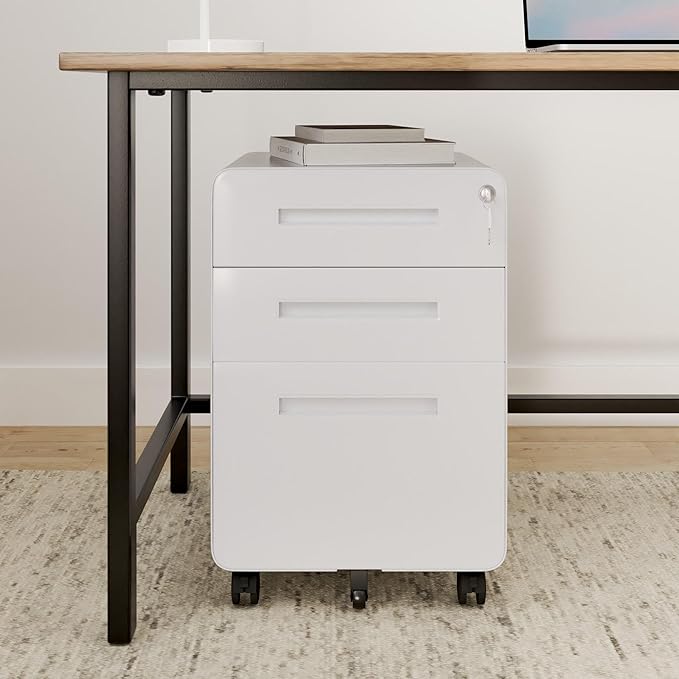 FLEXISPOT Mobile File Cabinet for Home Office 3 Drawer File Cabinet Under Desk Storage Filing Cabinet for Legal/Letter/A4 File,Round Corner Design,White