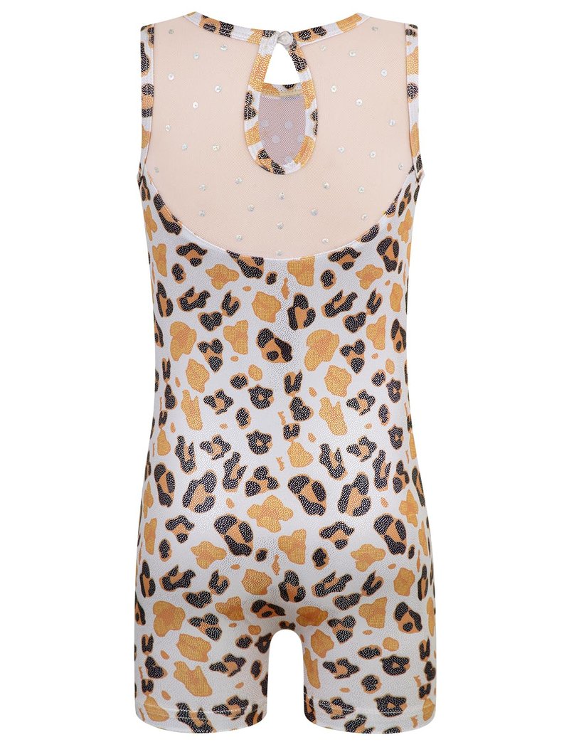 HOZIY Leotards for Girls Gymnastics Mesh Neckline with Iridescent Rhinestones Back Cut Out Sleeveless Size 6-7 Years Leopard Biketard Shorts Tumbling Outfits Kids Sparkly Shiny