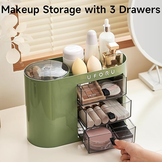 Makeup Organizer with Pop-Up Brush Holder for Dresser Vanity, Plastic Bathroom Counter Organizer with 3 Drawers & Dust-Proof Cover, Cosmetic Display Case for Lipstick, Skincare, Vintage Green