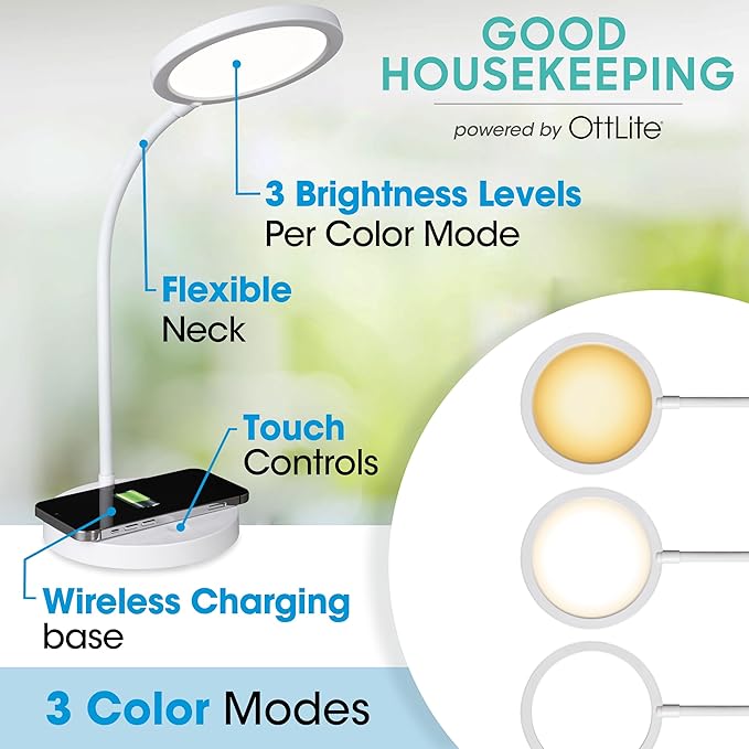 OttLite Good Housekeeping Circular LED Desk Lamp with Wireless Charging - Designed to Reduce Eyestrain - Adjustable Neck Desk Lamp for College Dorm Room, Crafting, Reading, 3 Color Modes