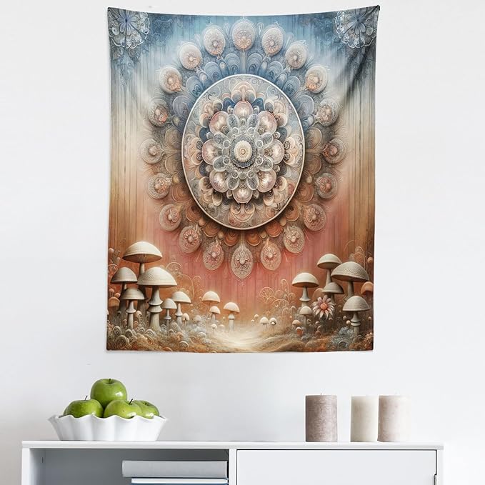 Ambesonne Hippie Tapestry, Fantasy Vibes Mushroom Jungle with Oriental Vibes Mandal Print Peacock, Fabric Wall Hanging Decor for Bedroom Living Room Dorm, 23" X 28", Pale Ruby Blue Grey Ecru