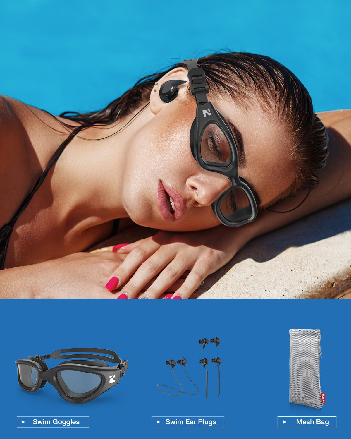 ZIONOR G1 Lite Polarized Swimming Goggles with 3 Pairs Earplugs, Anti-Fog UV Protection Swim Goggle for Adult Men Women Youth