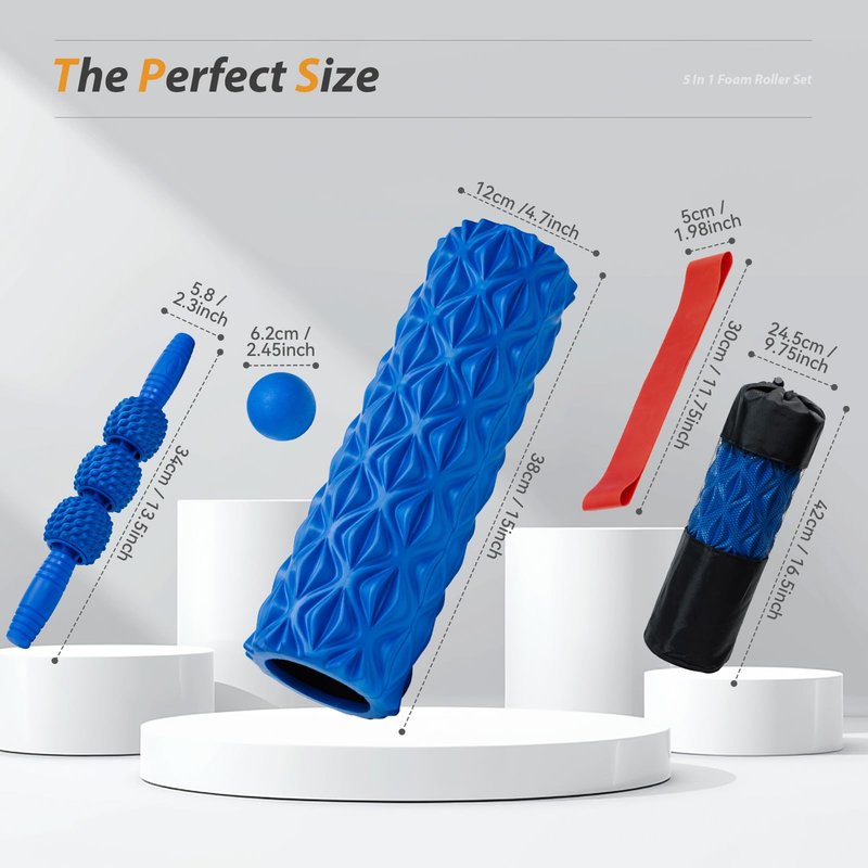 5 in1 Foam Roller Set, Trigger Point Foam Roller, Massage Roller Stick, Massage Ball, Resistance Band for Deep Muscle Massage Pilates Yoga,Fitness Exercise for Whole Body (Pure Blue)