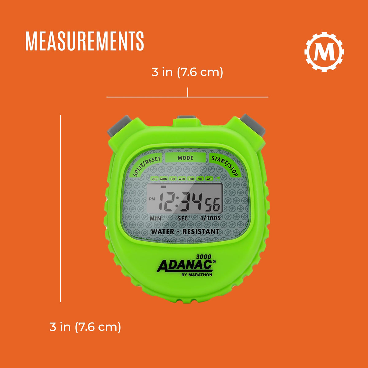 Marathon Adanac 3000 Digital Stopwatch Timer, Neon Green - High Precision Accuracy to 1/100th Seconds - Water, Dust & Shock Resistant - 46” Lanyard Included