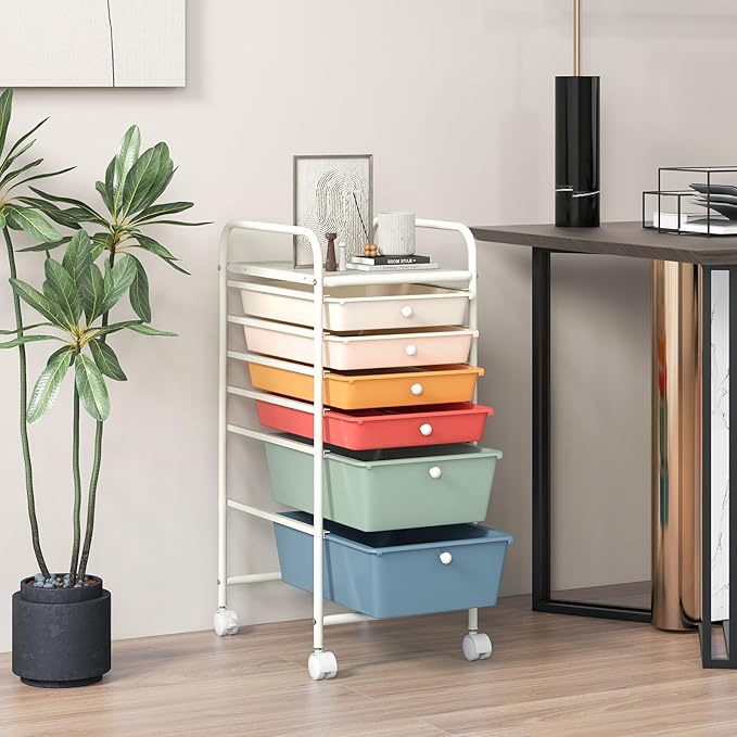 COSTWAY 6-Drawer Rolling Storage Cart, Multifunctional Art Craft Tools Organizer on Wheels, Heavy Duty Utility Mobile Storage Trolley w/ 2 Lockable Wheels for Home Office School, Macaron