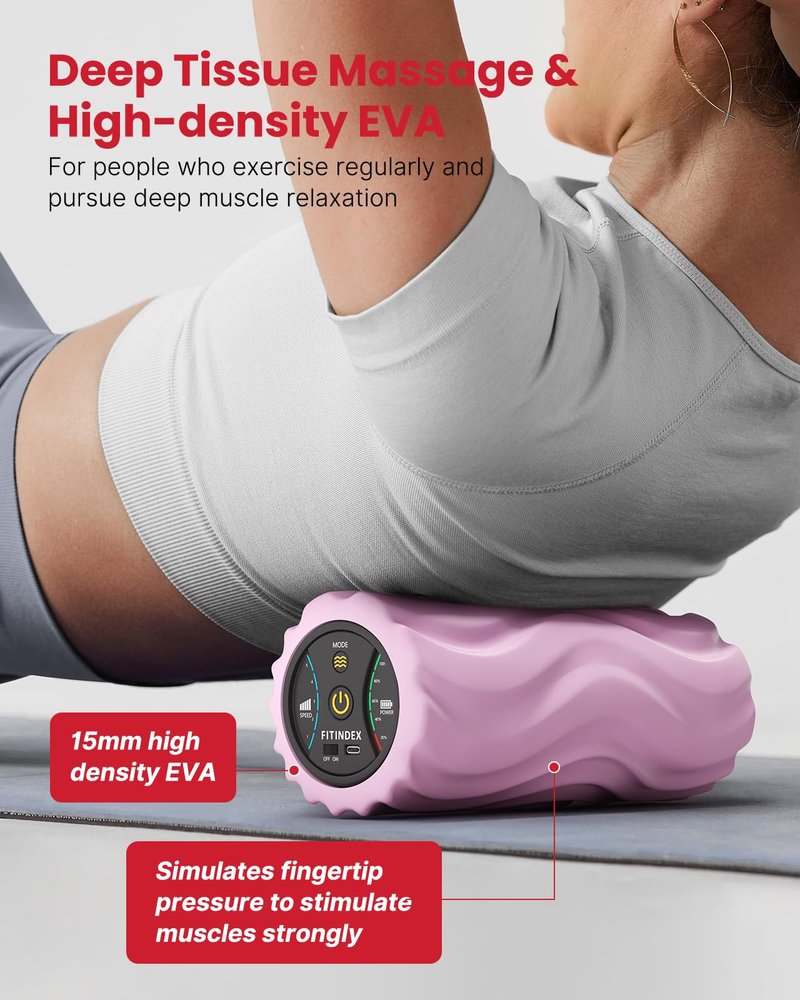 FITINDEX Vibrating Foam Roller for Back Pain, 5-Speed Foam Roller Muscle Massage, Exercise, Yoga, Muscles Deep Tissue, Pilates, Physical Therapy, Recovery, Neck, Leg, Rechargeable, Pink