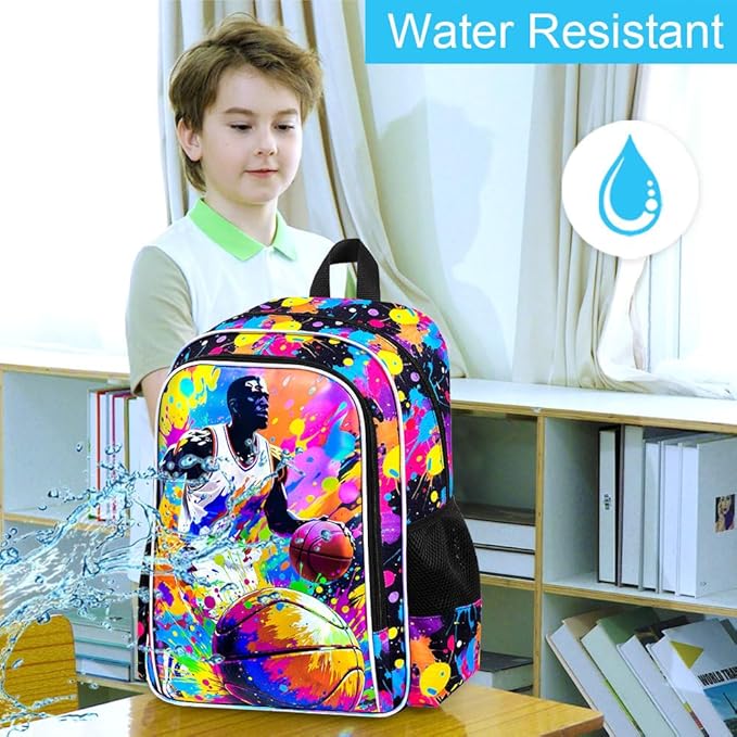 KLFVB 3PCS School Backpack for Boys, 17" Kids Basketball Bookbag and Lunch Box, Water Resistant Backpack for Teenagers Middle Elementary - Spray-painted Basketball