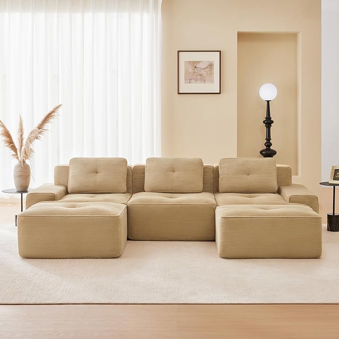 115" Modern Corduroy Cloud Sofa with Ottoman, U Shaped Boneless Modular Large Sectional Couches for Living Room, Camel 3 Seater Compressed Memory Foam Couch, Extra Deep Seat, No Assembly