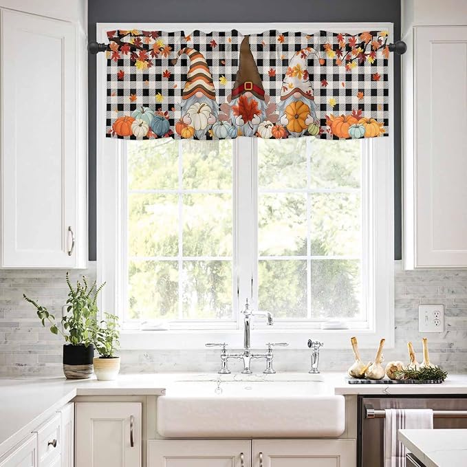 Thanksgiving Gnomes Kitchen Curtain Set, Fallen Maple Leaf Pumpkin Black Plaid