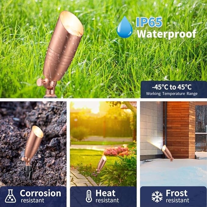 Spot Light Brass - Outdoor Landscape Spotlights LED, 12V Low Voltage Landscaping Uplights, Hard-Wired All Weather Copper for Backyard Lawn with Cold White Changeable Bulbs (8 Pack)