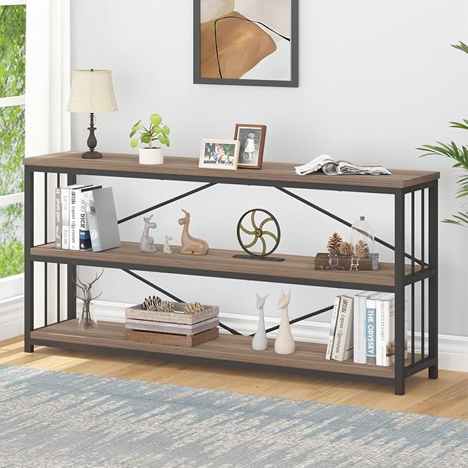 IBF Industrial 3 Tier Bookshelf, Rustic Low Wood and Metal Book Shelf, Farmhouse Long Wide Open Horizontal Bookcase, Modern Large Vintage Etagere for Home Office Bedroom Living Room, Rustic Oak, 63 In